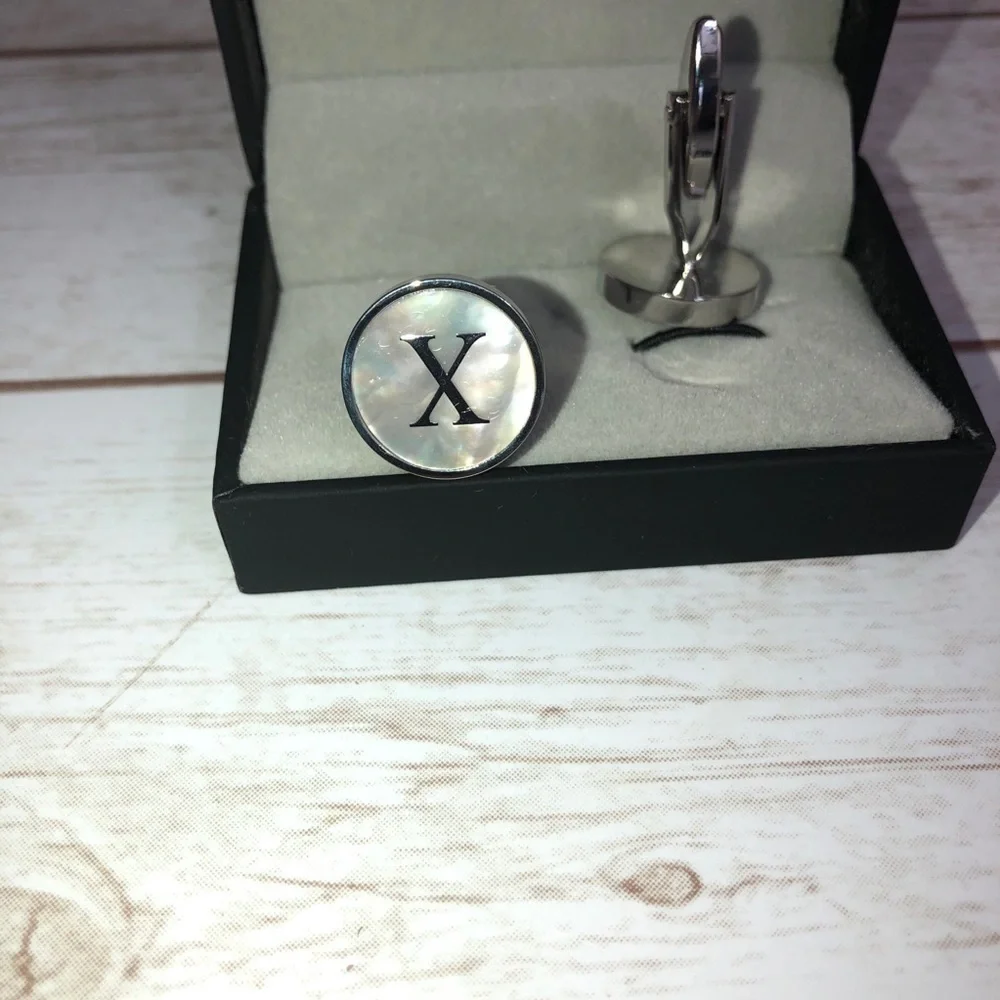 New in Box Mother Pearl X Letter Initial Silver Tone Cuff Link